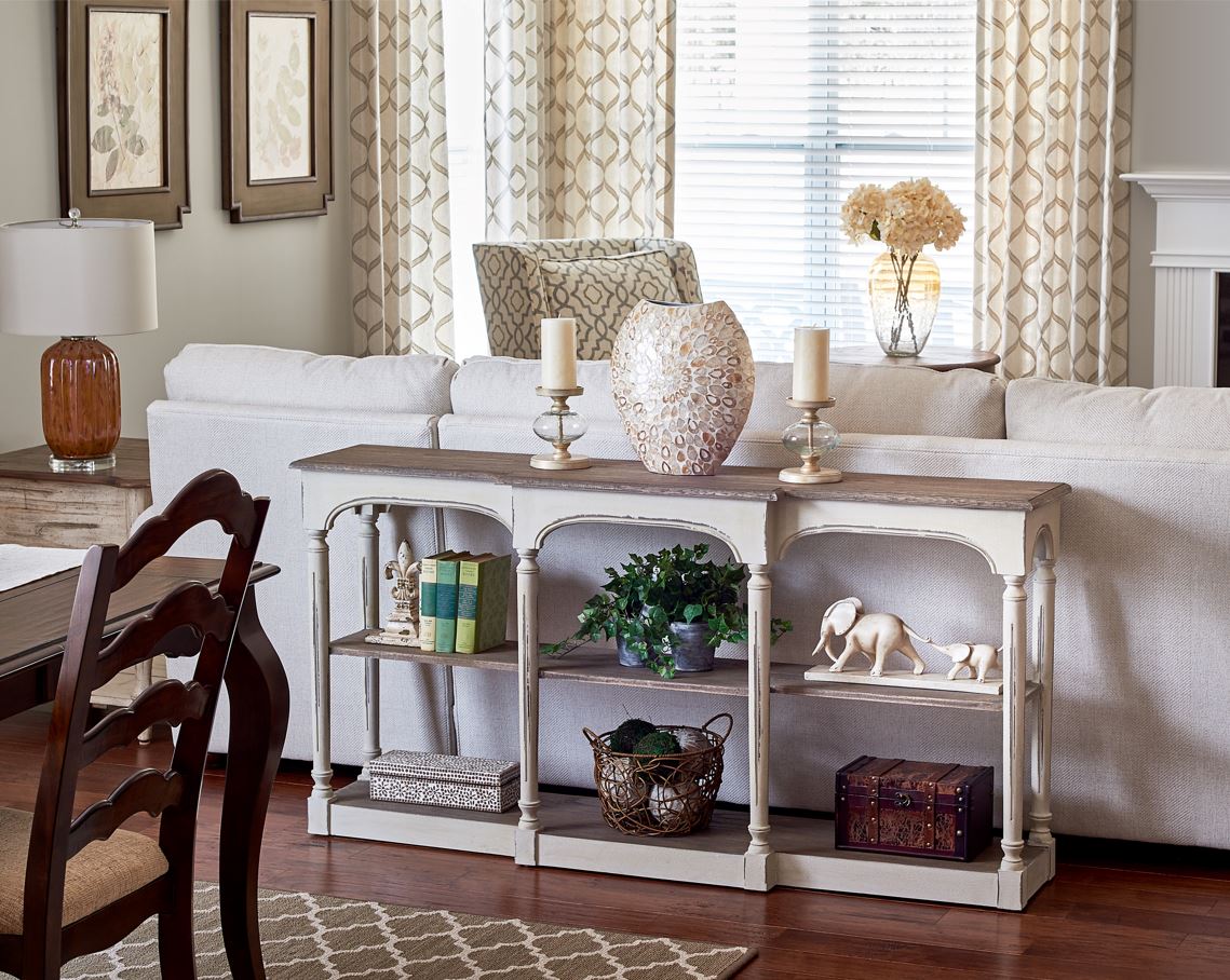 Versatile console table used behind a sofa, one of 3 versatile pieces of furniture