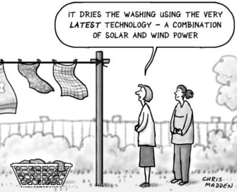Cartoon with women next to clothes line touting solar and wind power, by Chris Madden